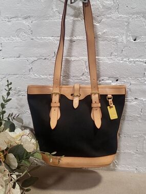 Dooney & Bourke Black Canvas Shoulder Tote with Tan Trim